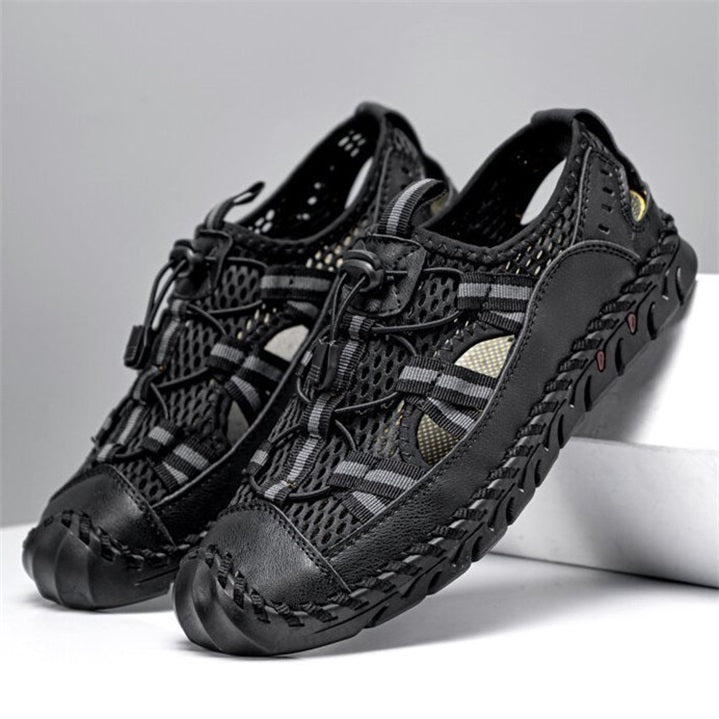 mens sandals closed toe mesh splicing outdoor leather