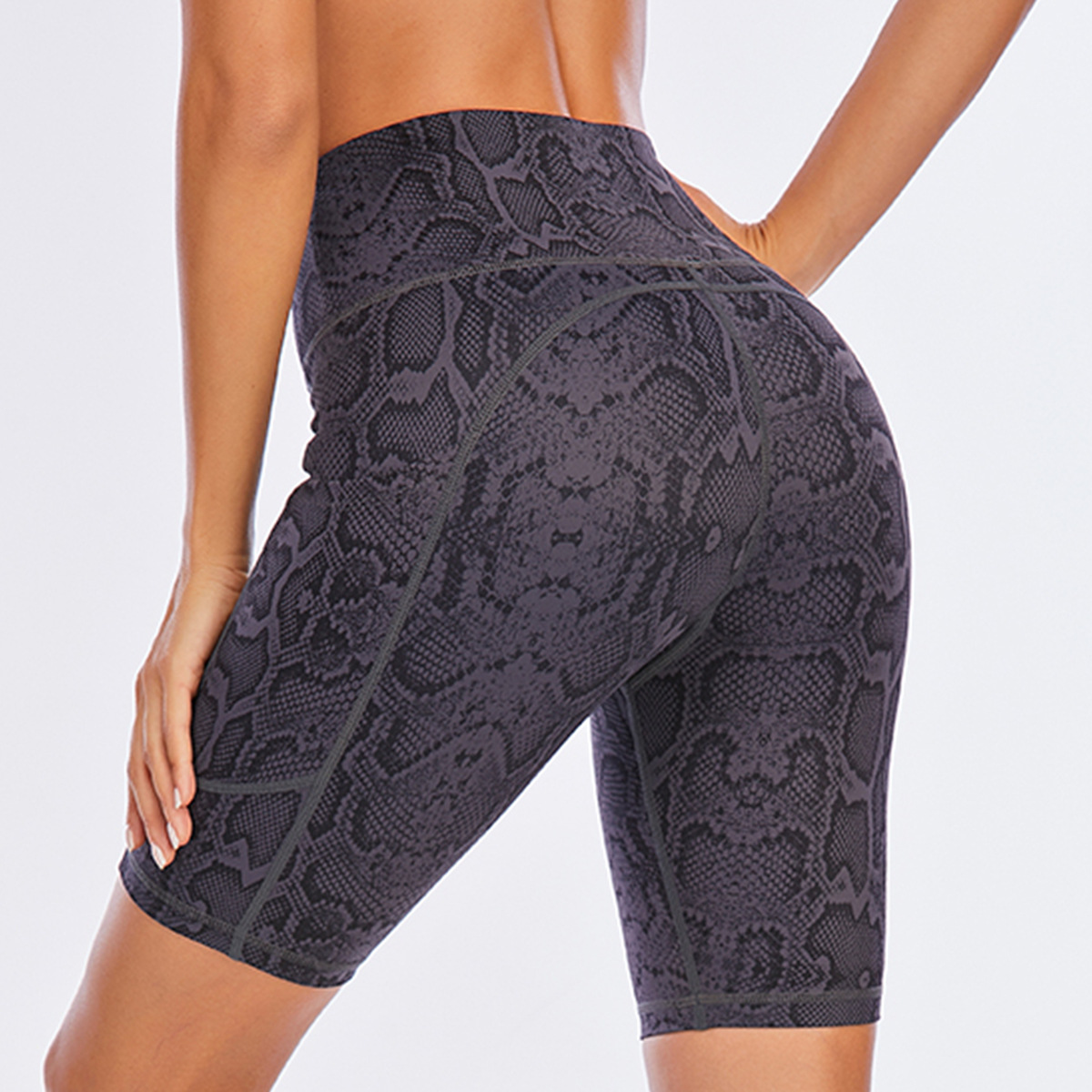 Printed Sports Yoga Shorts High-waisted Abdomen Gray Snake Print Fitness Five-point Pants